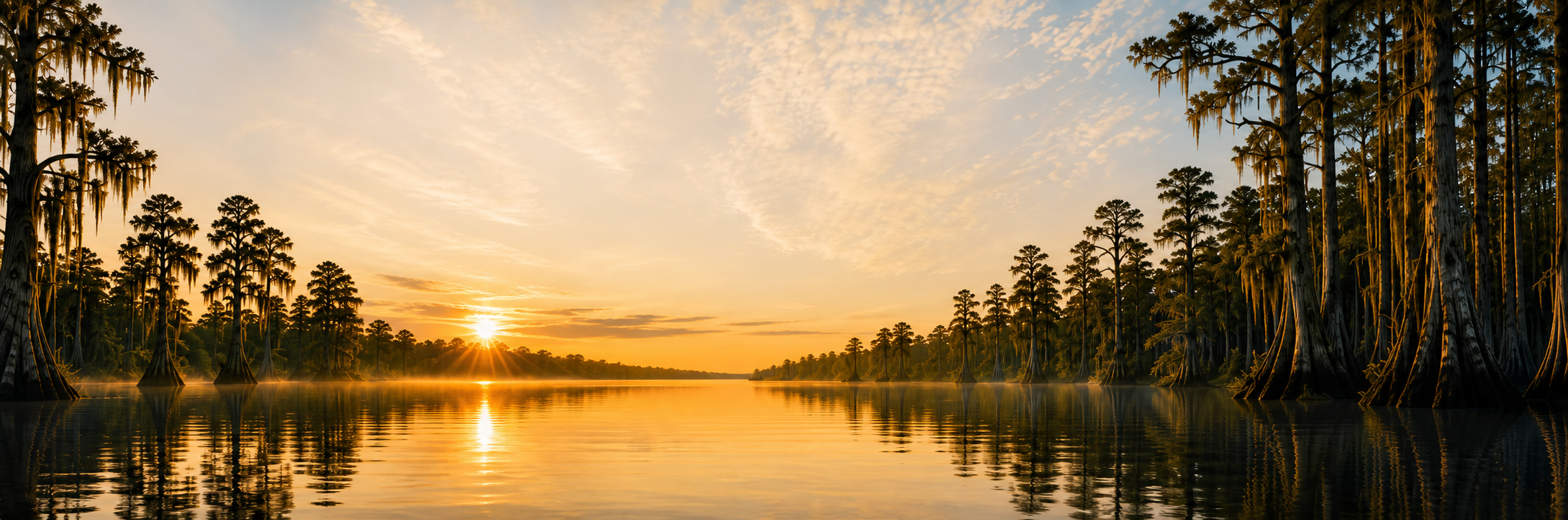 A golden sunset over a calm blackwater river framed by cypress trees and Spanish moss.